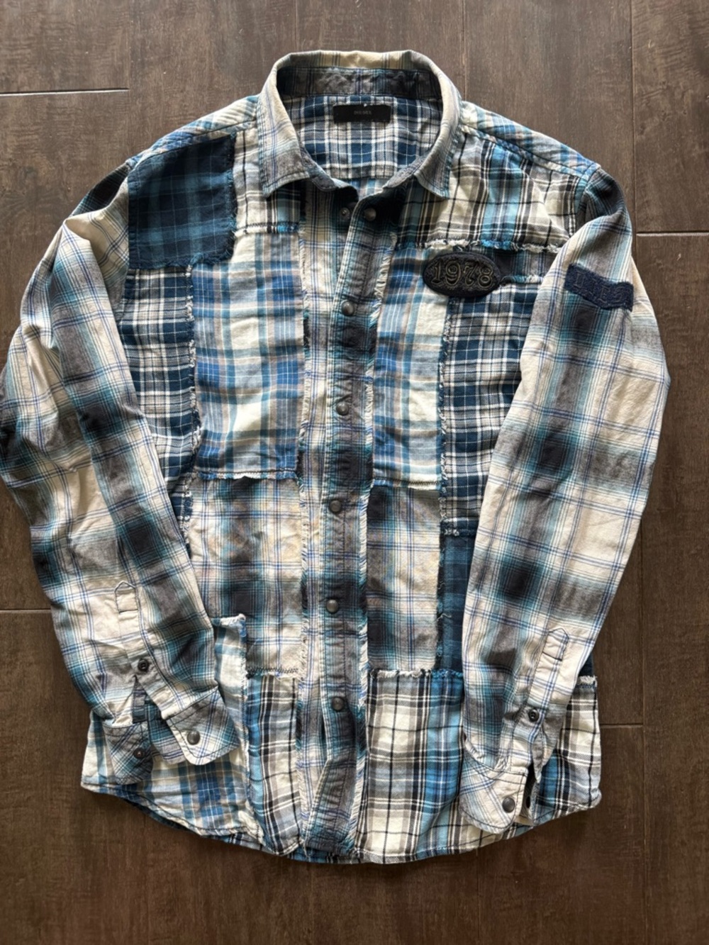 Diesel Vintage 1978 Patchwork 100% Cotton Men’s Flannel Shirt Blue White Size M